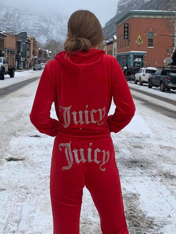 Women’s casual solid color letter hot diamond sportswear long-sleeved hooded sweatshirt loose trousers two-piece suit