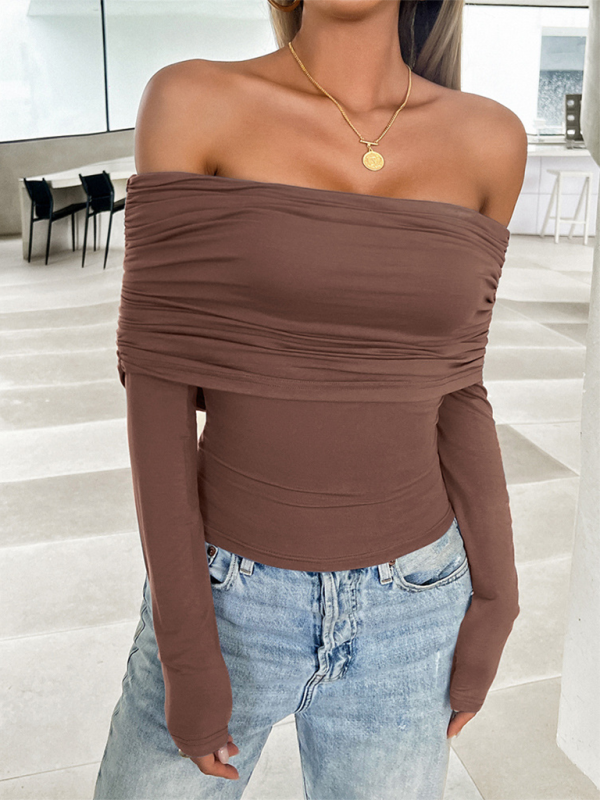 Women’s casual solid color pullover one shoulder top - Brown / S