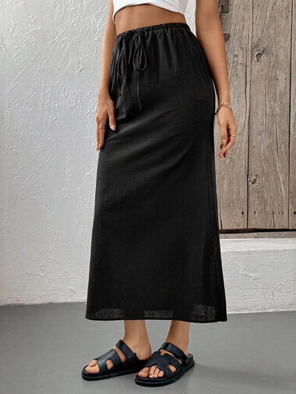 Black drawstring maxi skirt displayed in Women’s casual solid color skirt product image
