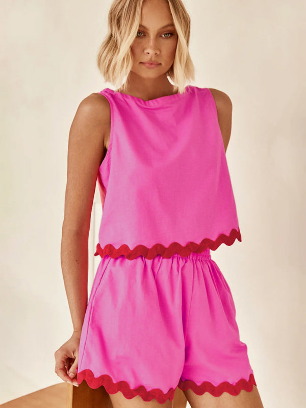 Women’s casual solid color sleeveless shorts two-piece suit
