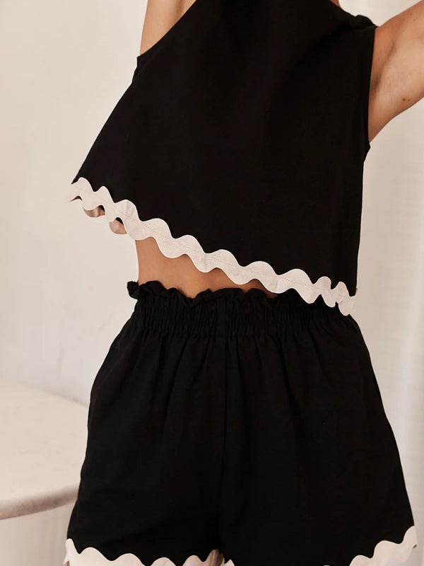 Women’s casual solid color sleeveless shorts two-piece suit