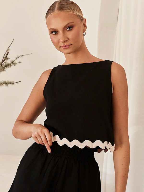 Women’s casual solid color sleeveless shorts two-piece suit - Black / S