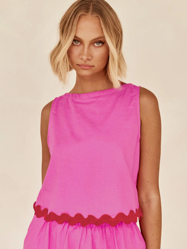 Women’s casual solid color sleeveless shorts two-piece suit - Pink / S