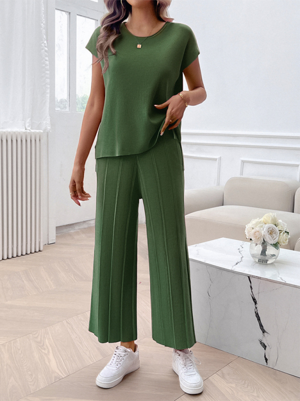 Olive green two-piece pantsuit displayed as part of women’s casual solid color sweater set