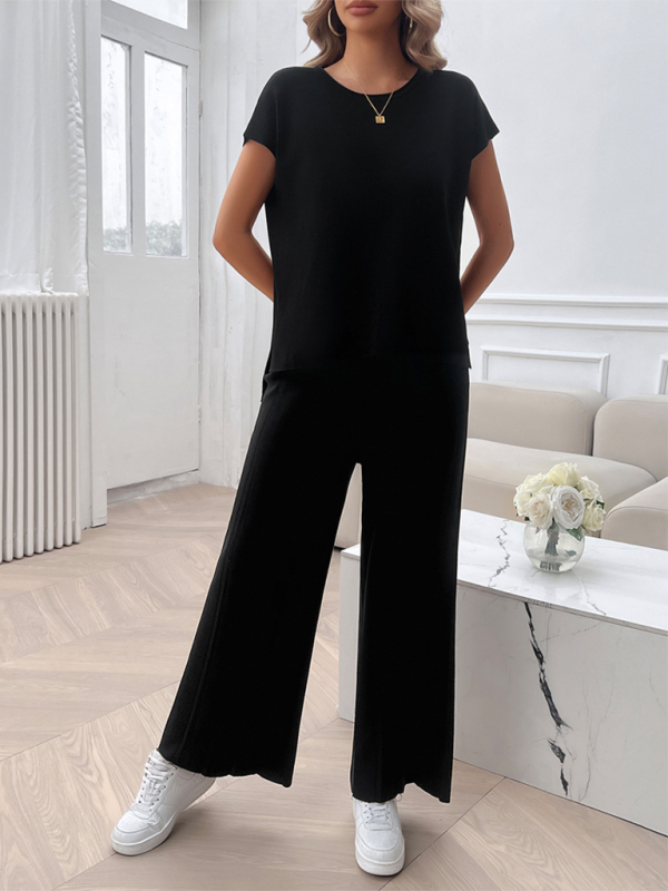 Black knit lounge set for women featuring a solid color casual sweater and pants