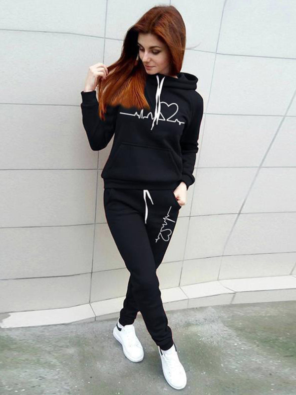 Women’s casual sports suit hooded fashionable fleece sweater suit - Black / S