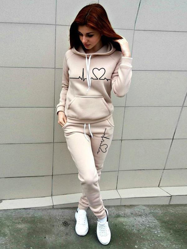 Women’s casual sports suit hooded fashionable fleece sweater suit - Khaki / S
