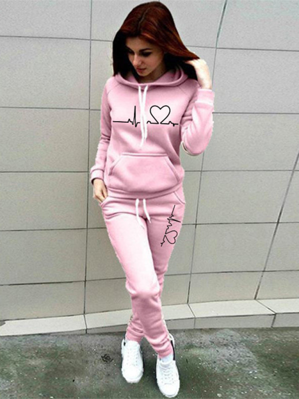 Women’s casual sports suit hooded fashionable fleece sweater suit - Pink / S