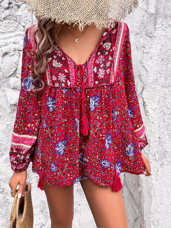 Women’s Casual Spring and Summer Vacation Bohemian Print Lace-up Long Sleeve Shirt