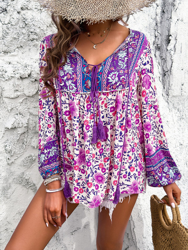 Women’s Casual Spring and Summer Vacation Bohemian Print Lace-up Long Sleeve Shirt