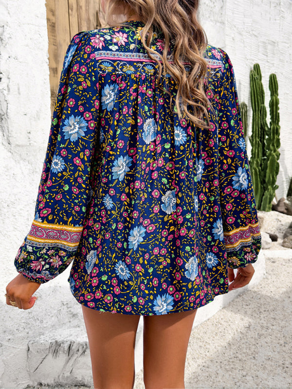 Women’s Casual Spring and Summer Vacation Bohemian Print Lace-up Long Sleeve Shirt