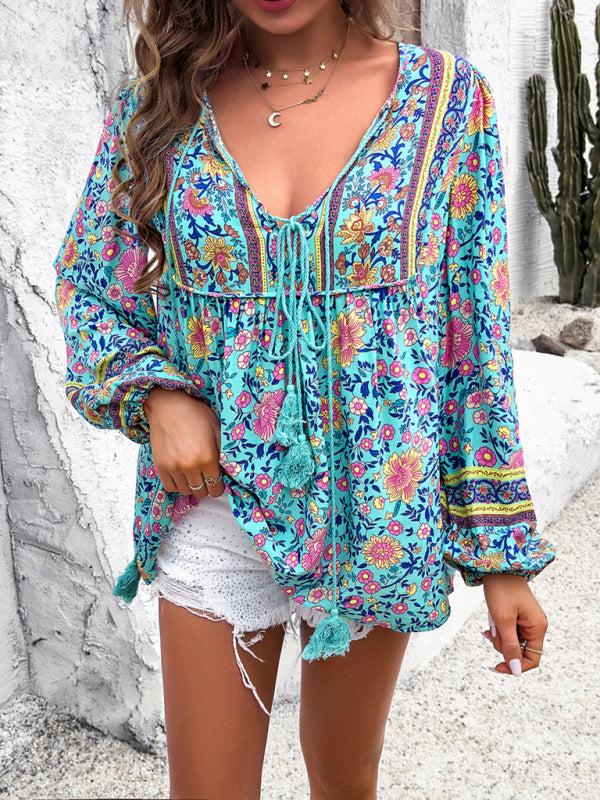 Women’s Casual Spring and Summer Vacation Bohemian Print Lace-up Long Sleeve Shirt
