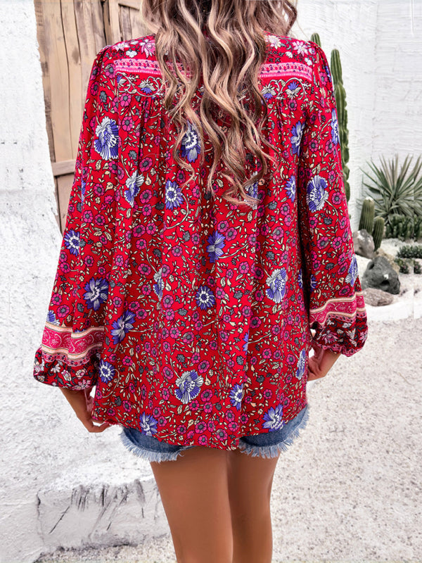Women’s Casual Spring and Summer Vacation Bohemian Print Lace-up Long Sleeve Shirt