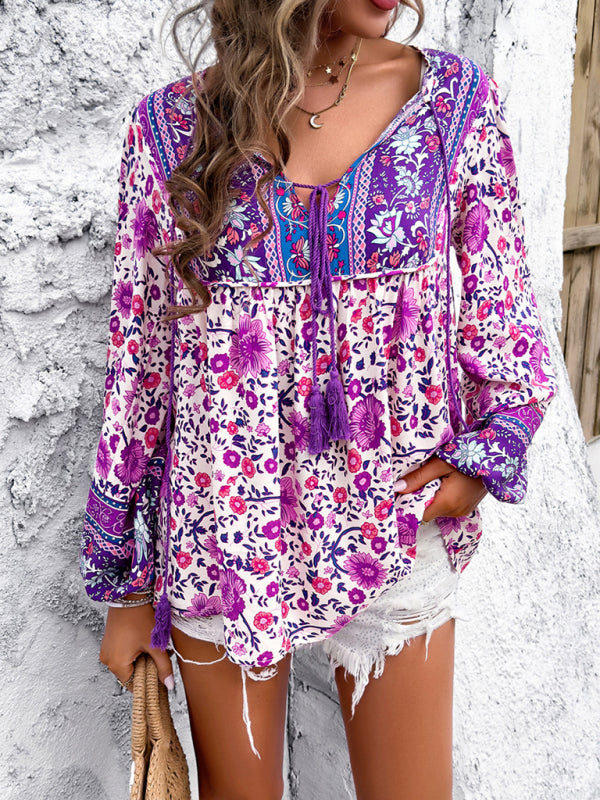 Women’s Casual Spring and Summer Vacation Bohemian Print Lace-up Long Sleeve Shirt - Purple / S