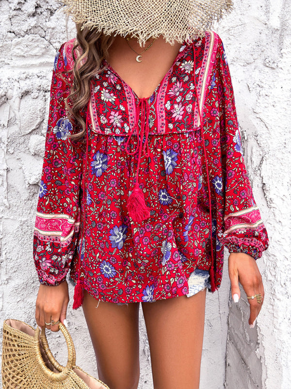 Women’s Casual Spring and Summer Vacation Bohemian Print Lace-up Long Sleeve Shirt