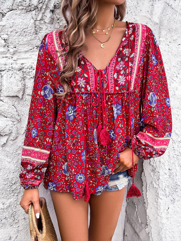 Women’s Casual Spring and Summer Vacation Bohemian Print Lace-up Long Sleeve Shirt - Red / S