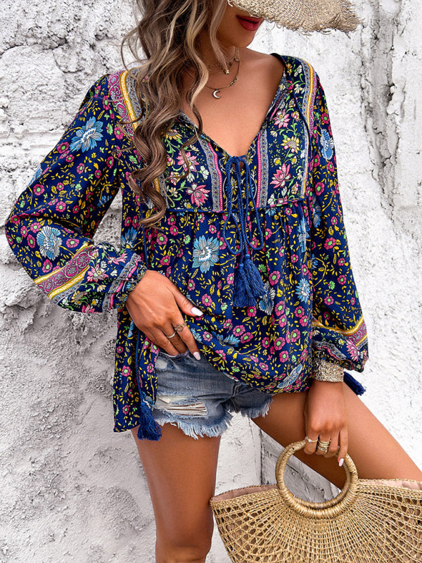 Women’s Casual Spring and Summer Vacation Bohemian Print Lace-up Long Sleeve Shirt