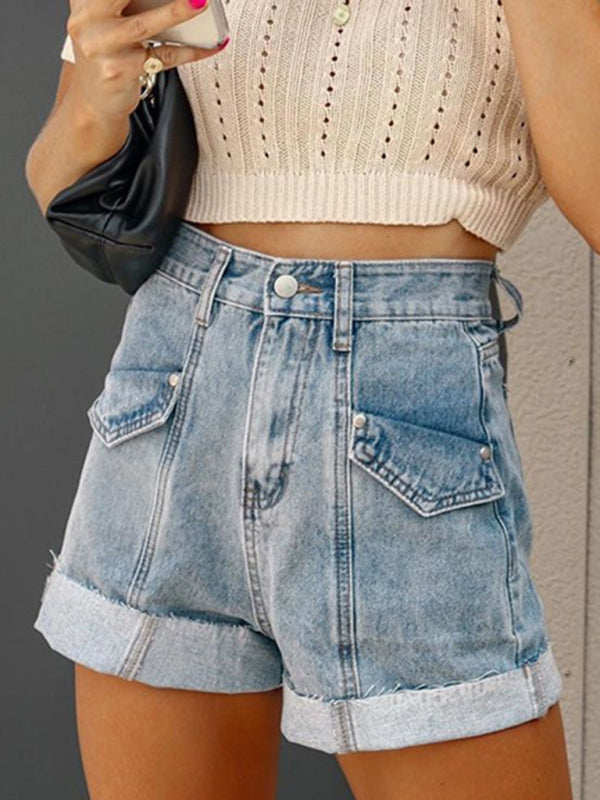 Women’s Casual Stitching Turnover Denim Shorts