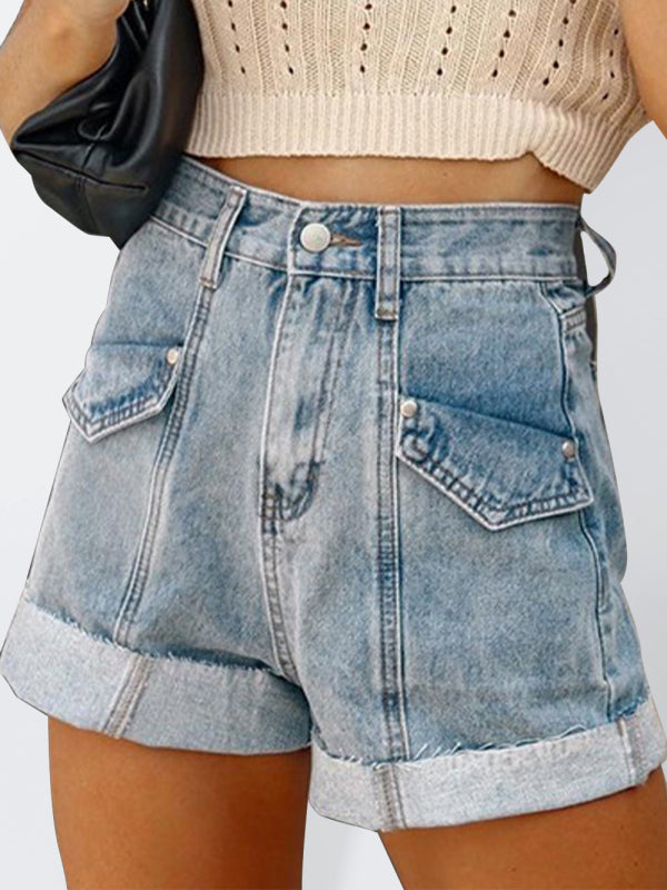 Women’s Casual Stitching Turnover Denim Shorts - Blue / S