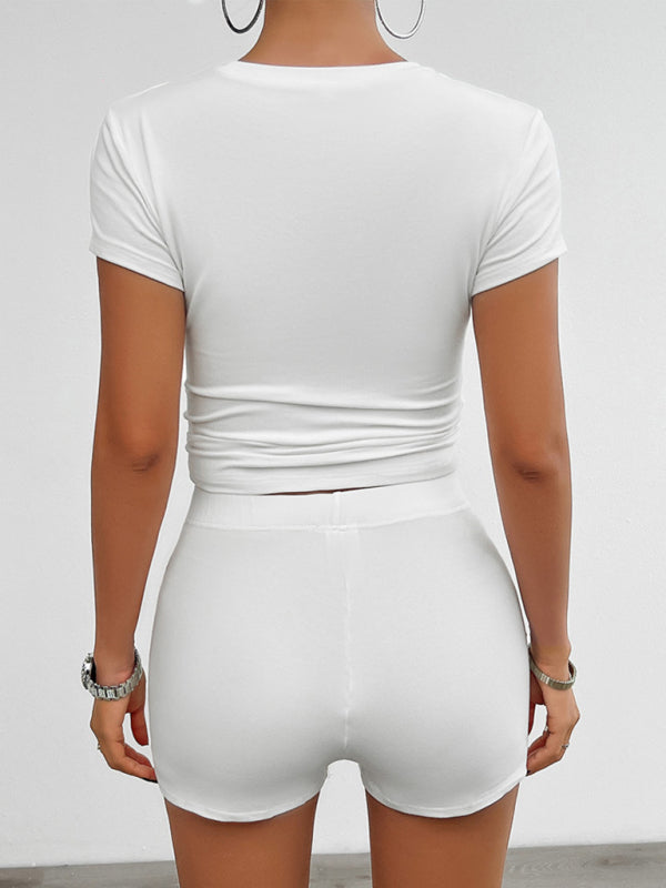 White two-piece shorts set for women, casual stretch vest and shorts ensemble