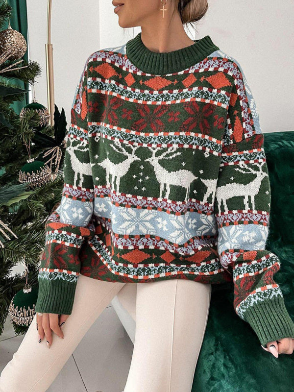 Women’s Christmas Crew Neck Loose Jacquard Long Sleeve Sweater - Green / S