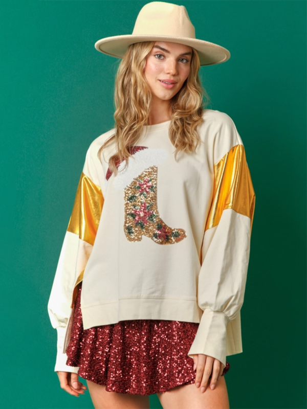 Women’s Christmas Sequin Long Sleeve Top Pullover Casual Sweatshirt - Cracker khaki / S