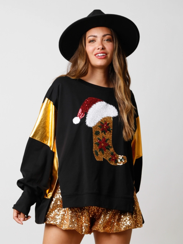 Women’s Christmas Sequin Long Sleeve Top Pullover Casual Sweatshirt - Black / S