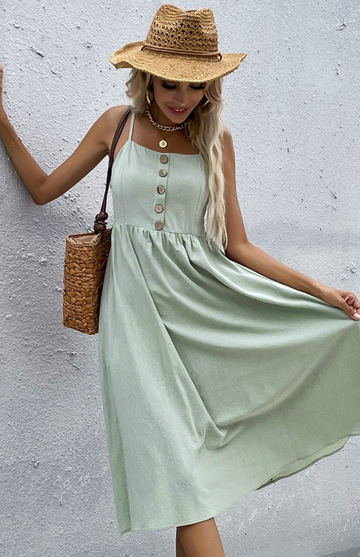 Women’s Clothing Slim Fit Solid Color Cotton Linen Dress - Mint Green / S