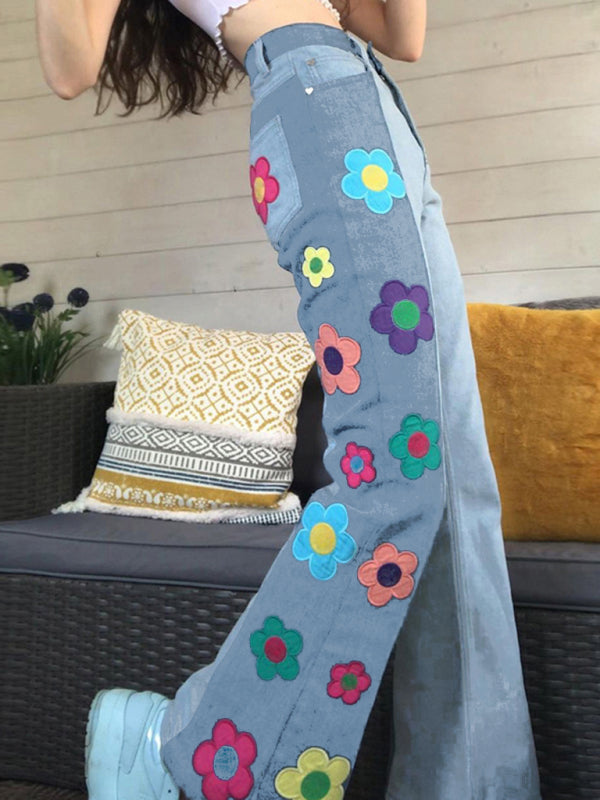 Women’s color matching side print high waist bootcut pants casual jeans