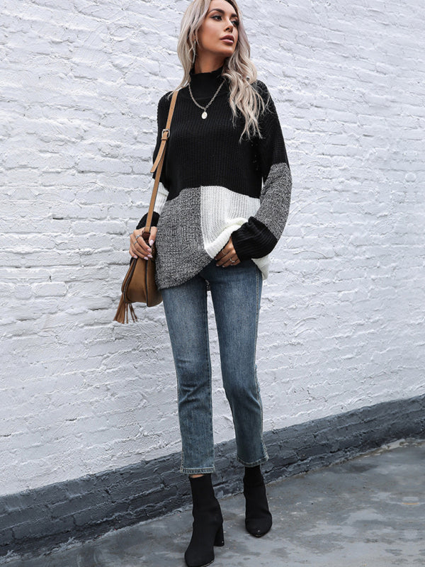 women’s colorblock loose turtleneck knitted sweater