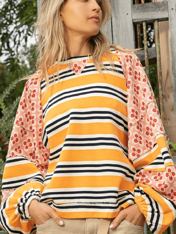 Women’s Colorblocking Printed Top Casual Loose Long Sleeve Sweatshirt - Orange / S