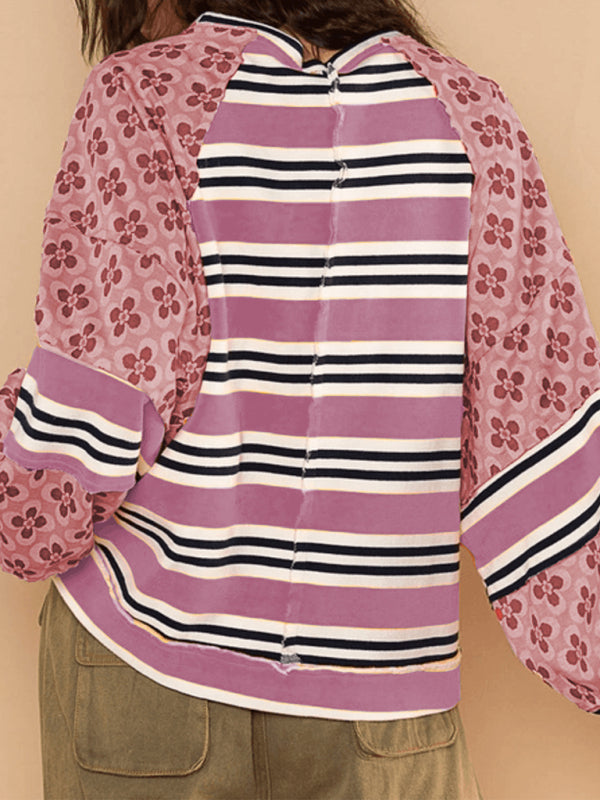 Women’s Colorblocking Printed Top Casual Loose Long Sleeve Sweatshirt