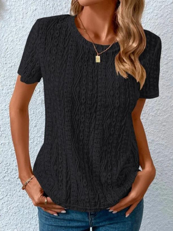 Women’s Comfortable Fresh Sweet Round Neck Hollow Short Sleeve T-Shirt - Black / S