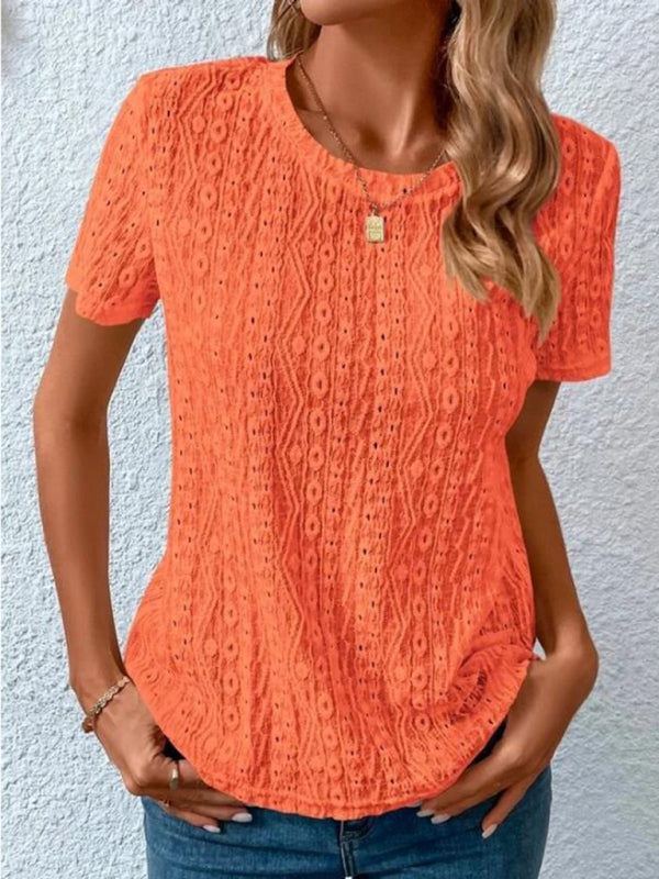 Women’s Comfortable Fresh Sweet Round Neck Hollow Short Sleeve T-Shirt - Orange / S