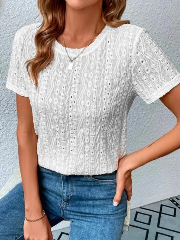 Women’s Comfortable Fresh Sweet Round Neck Hollow Short Sleeve T-Shirt