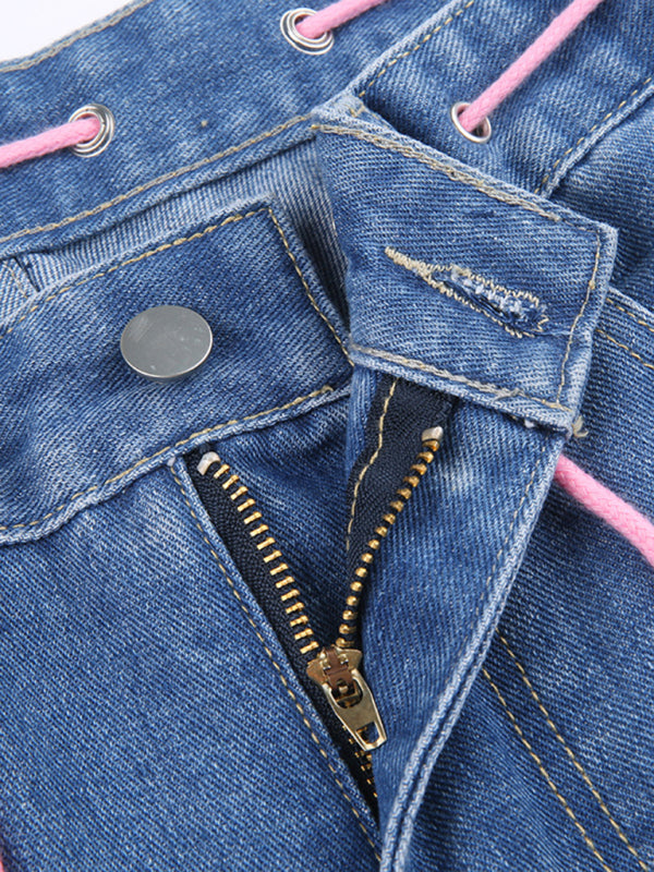 Women’s Contrasting Color Heart Graffiti Print Loose Jeans