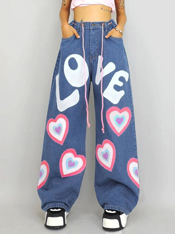 Women’s Contrasting Color Heart Graffiti Print Loose Jeans - Blue / S