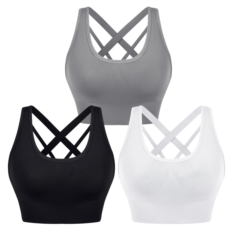 Women’s Cross Strap Seamless Back Sports Bra - Black + white + grey / S