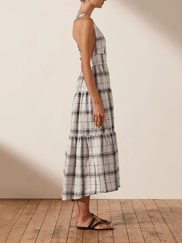 Women’s Deep V Open Back Check Dress