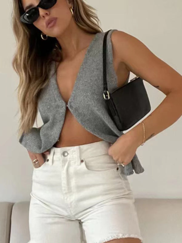 Women’s Deep V Sexy New Sleeveless Hot Girl Knitted Top Cardigan