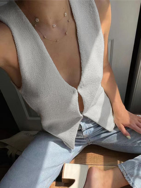 Women’s Deep V Sexy New Sleeveless Hot Girl Knitted Top Cardigan