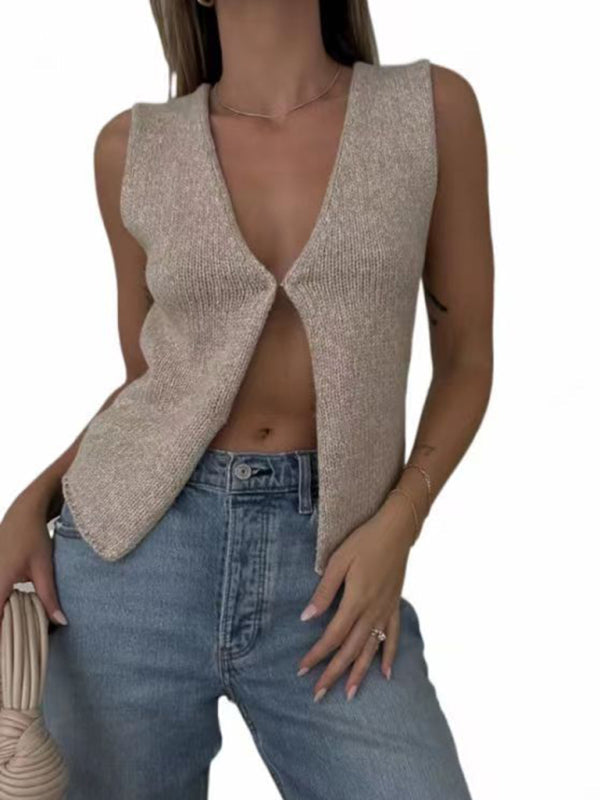 Women’s Deep V Sexy New Sleeveless Hot Girl Knitted Top Cardigan - Khaki / S