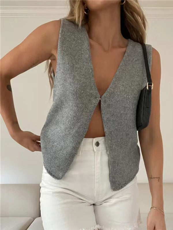 Women’s Deep V Sexy New Sleeveless Hot Girl Knitted Top Cardigan - Grey / S