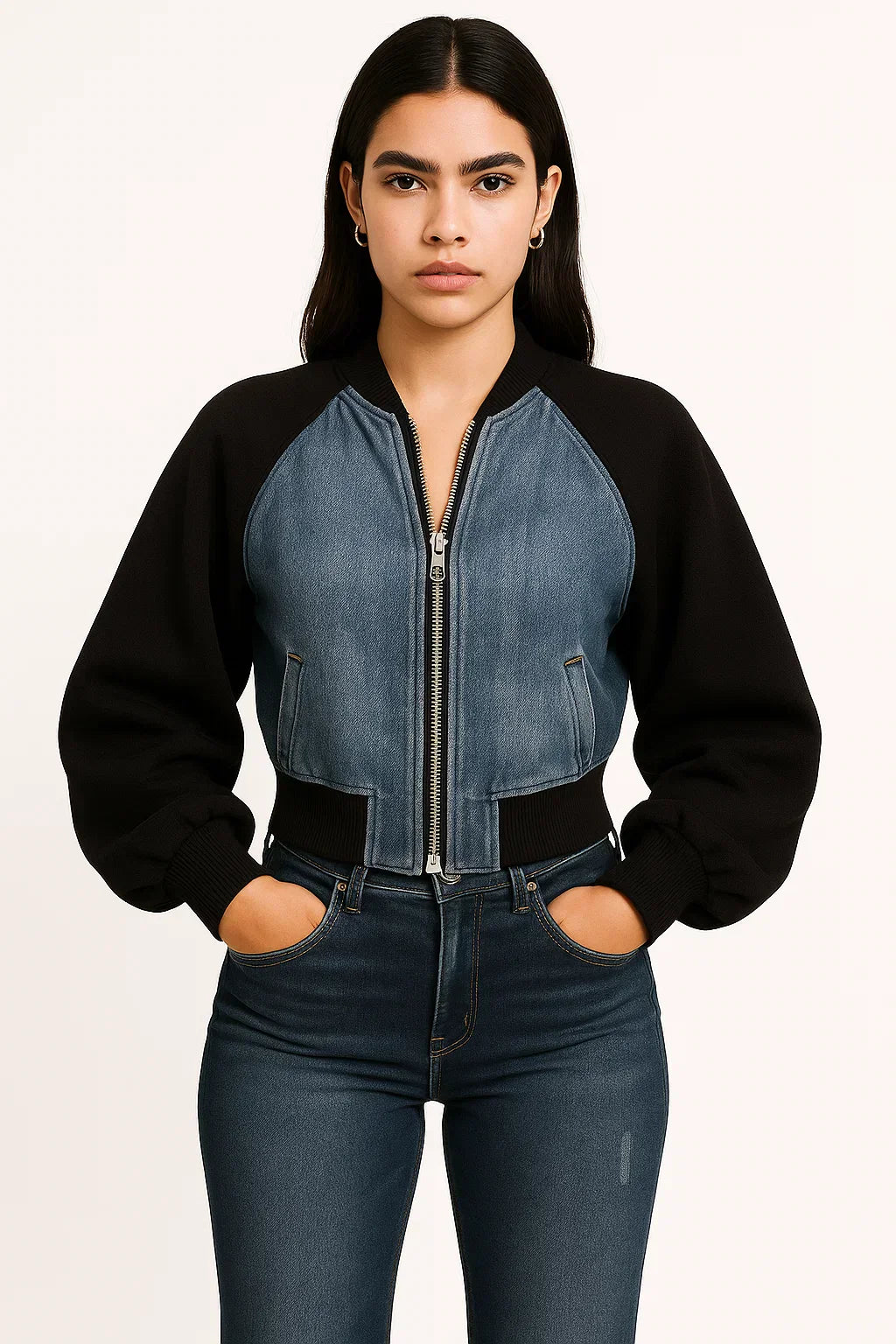 WOMEN'S DENIM AND BLACK BOMBER JACKET WITH FLARED JEANS SET