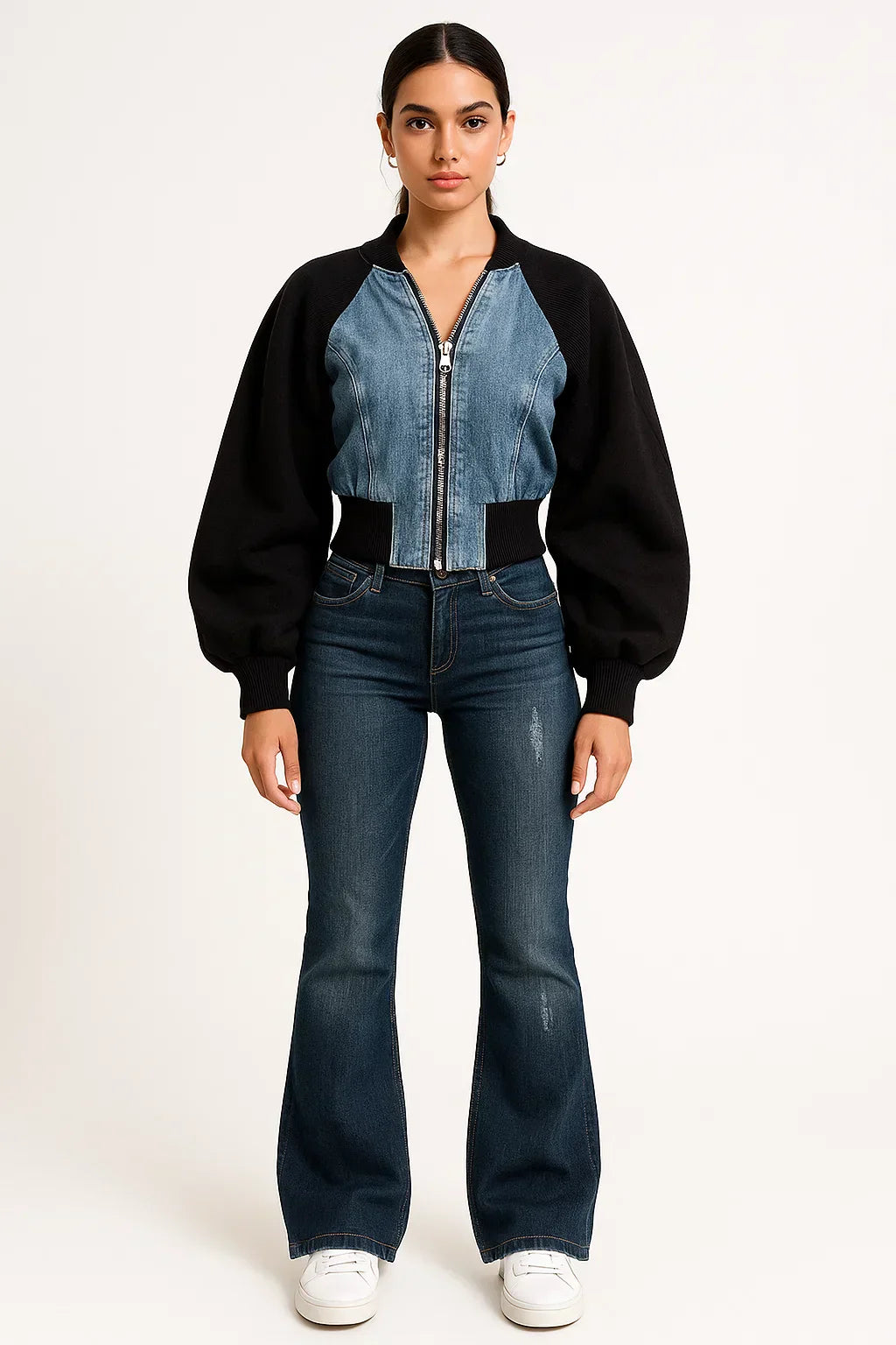 WOMEN'S DENIM AND BLACK BOMBER JACKET WITH FLARED JEANS SET