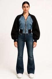 WOMEN'S DENIM AND BLACK BOMBER JACKET WITH FLARED JEANS SET