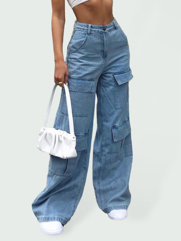Women’s Denim Multi Pocket Loose Casual Cargo Pants - Blue / S
