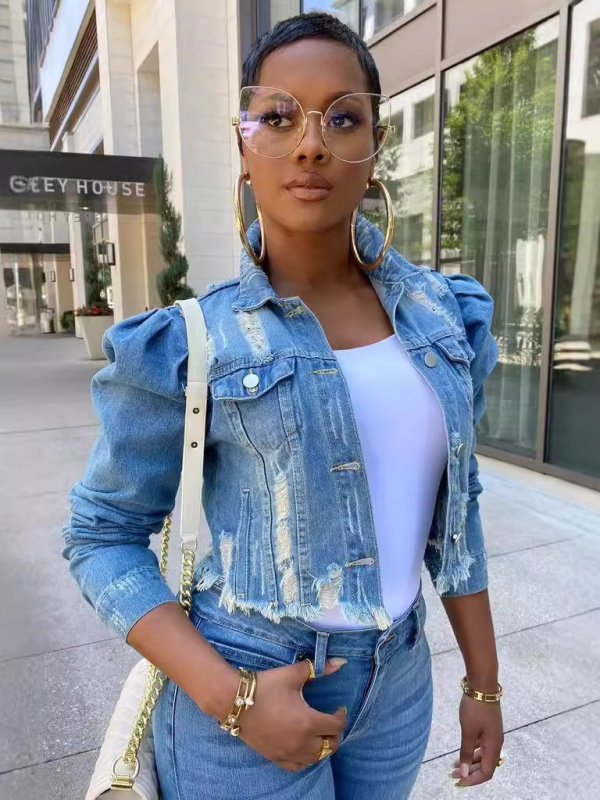 Women’s Denim Puff Sleeve Denim Jacket - Clear blue / S