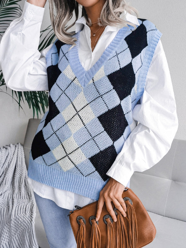 Women’s diamond V-neck casual loose knit vest sweater