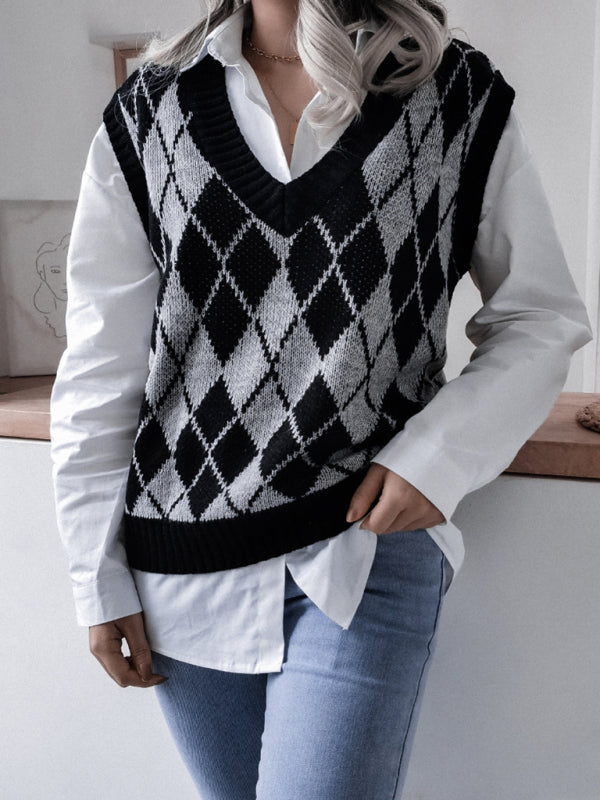 Women’s diamond V-neck casual loose knit vest sweater